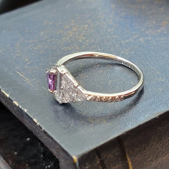 Rhodium Plated Simulated Amethyst and Diamond Ring - Size 9 - Geometric Glamour - Picture 5 of 7